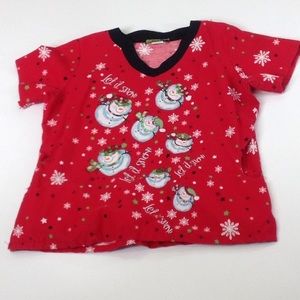 TLC SCRUBS Red With Snow Man Print Christmas Scrub